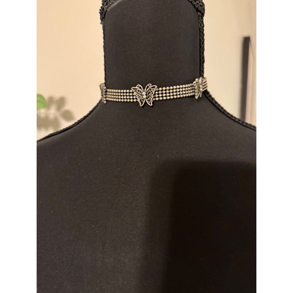 Vintage Silver Tone Butterfly Choker Necklace Four Row Ball Chain Rhinestone Y2K